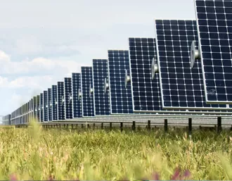 ground mount solar panels in a green field